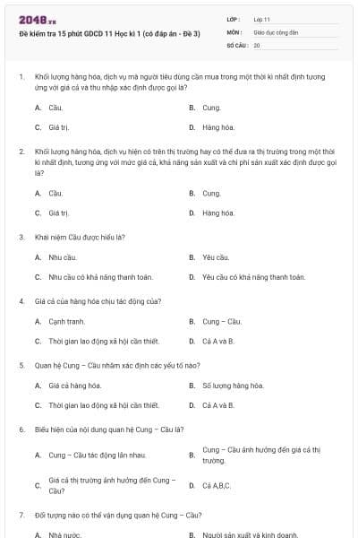 Đề kiểm tra 15 phút GDCD 11 Học kì 1 (có đáp án - Đề 3)