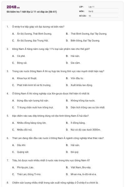 Đề kiểm tra 1 tiết Địa Lí 11 có đáp án (Đề 61)