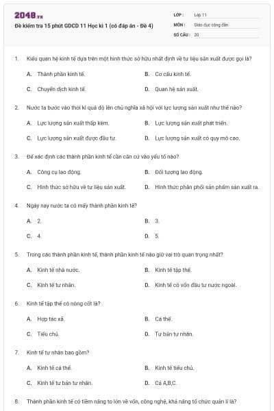 Đề kiểm tra 15 phút GDCD 11 Học kì 1 (có đáp án - Đề 4)