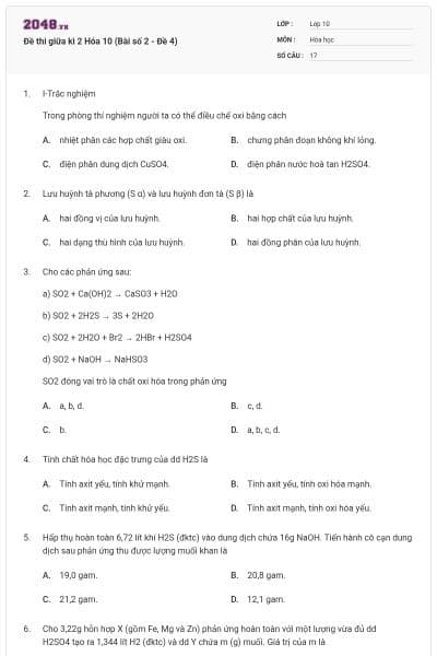 Đề thi giữa kì 2 Hóa 10 (Bài số 2 - Đề 4)