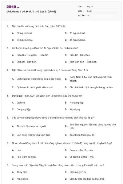 Đề kiểm tra 1 tiết Địa Lí 11 có đáp án (Đề 63)