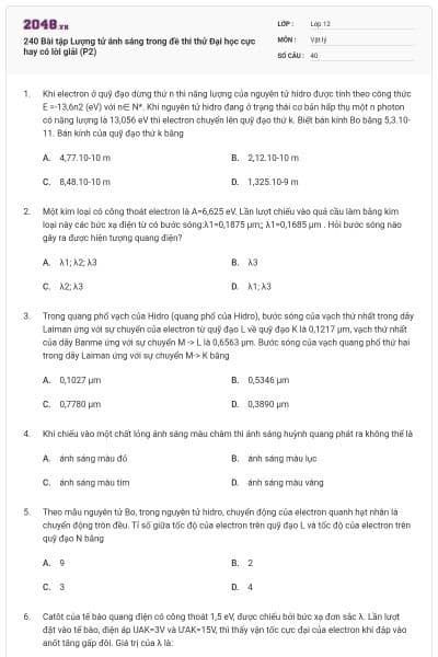 240 Bài tập Lượng tử ánh sáng trong đề thi thử Đại học cực hay có lời giải (P2)