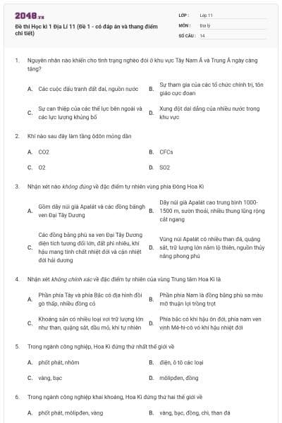 Đề thi Học kì 1 Địa Lí 11 (Đề 1 - có đáp án và thang điểm chi tiết)