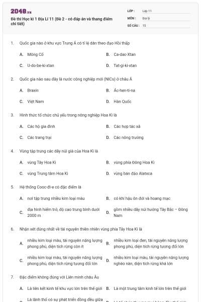 Đề thi Học kì 1 Địa Lí 11 (Đề 2 - có đáp án và thang điểm chi tiết)