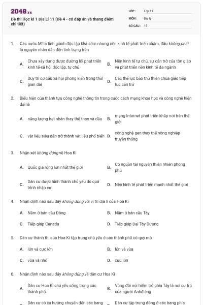 Đề thi Học kì 1 Địa Lí 11 (Đề 4 - có đáp án và thang điểm chi tiết)