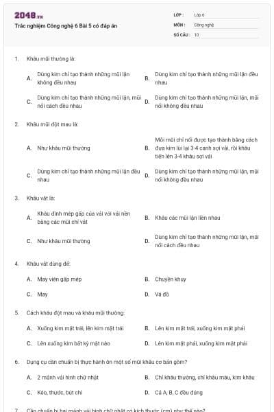 Trắc nghiệm Công nghệ 6 Bài 5 có đáp án