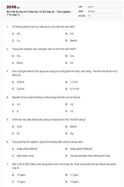 Bộ 5 Đề thi Học kì 2 Hóa học 10 (Có đáp án - Trắc nghiệm + Tự luận 1)