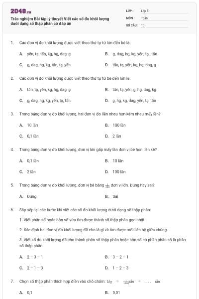 Trắc nghiệm Bài tập lý thuyết Viết các số đo khối lượng dưới dạng số thập phân có đáp án