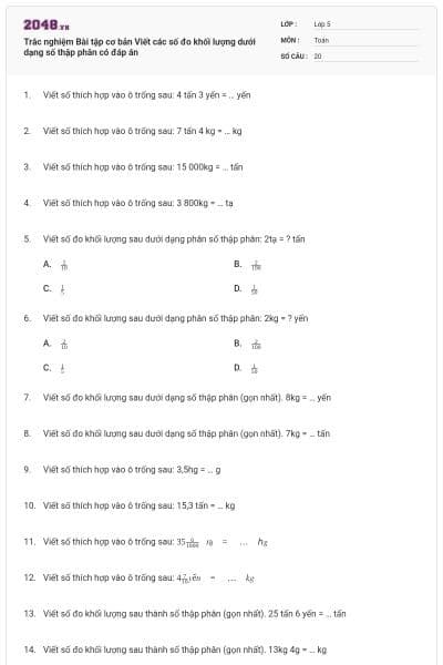 Trắc nghiệm Bài tập cơ bản Viết các số đo khối lượng dưới dạng số thập phân có đáp án