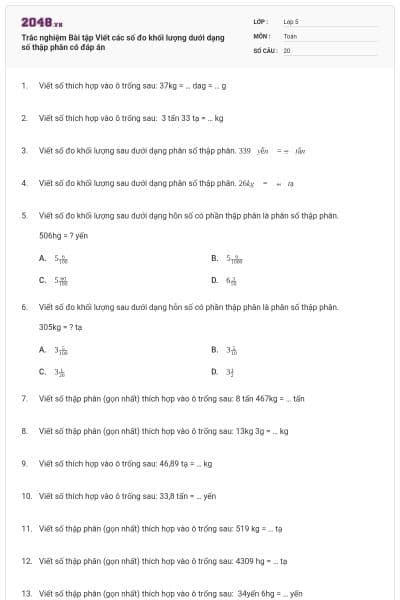 Trắc nghiệm Bài tập Viết các số đo khối lượng dưới dạng số thập phân có đáp án