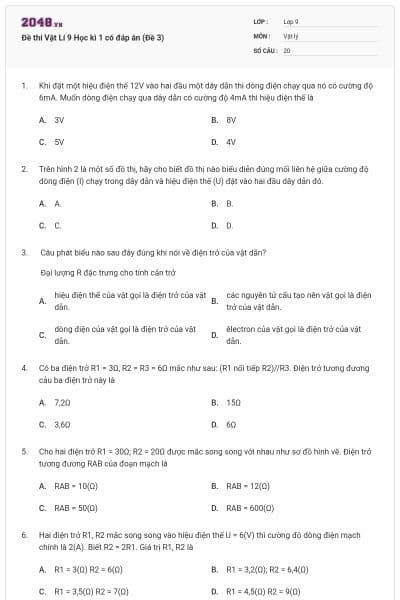 Đề thi Vật Lí 9 Học kì 1 có đáp án (Đề 3)