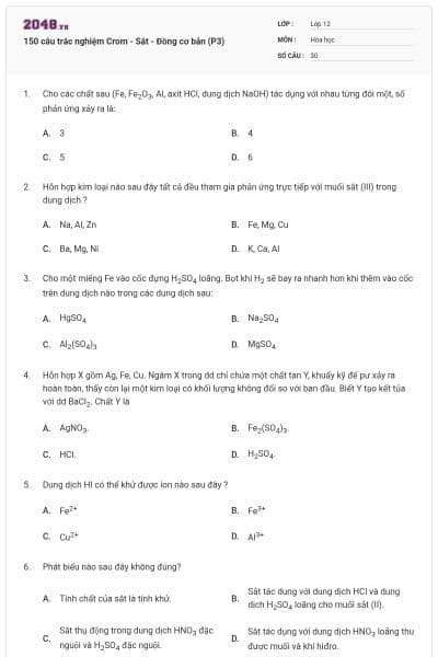 150 câu trắc nghiệm Crom - Sắt - Đồng cơ bản (P3)