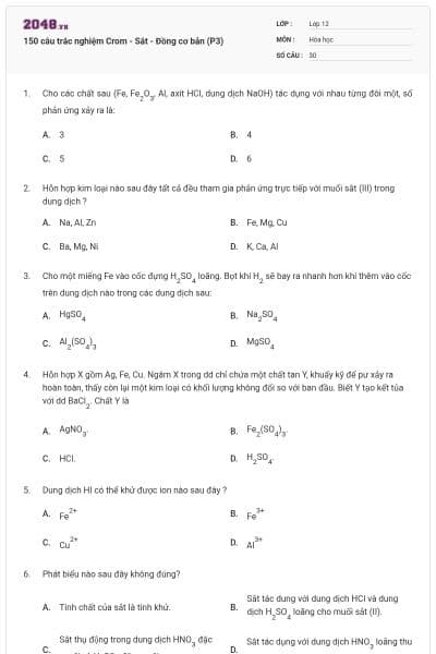150 câu trắc nghiệm Crom - Sắt - Đồng cơ bản (P3)