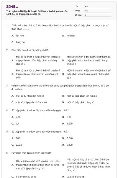 Trắc nghiệm Bài tập lý thuyết Số thập phân bằng nhau. So sánh hai số thập phân có đáp án