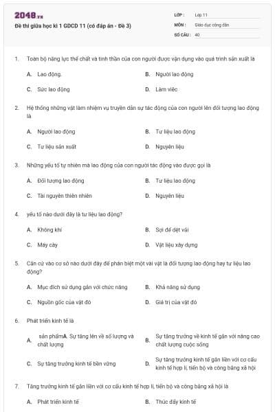 Đề thi giữa học kì 1 GDCD 11 (có đáp án - Đề 3)