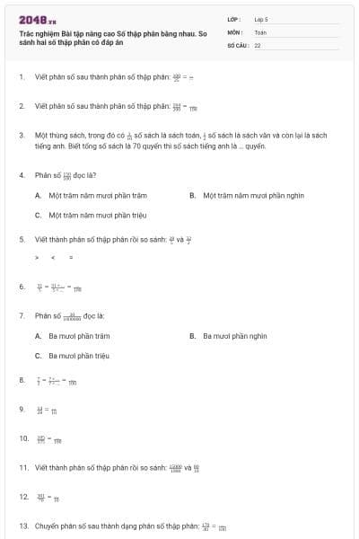 Trắc nghiệm Bài tập nâng cao Số thập phân bằng nhau. So sánh hai số thập phân có đáp án