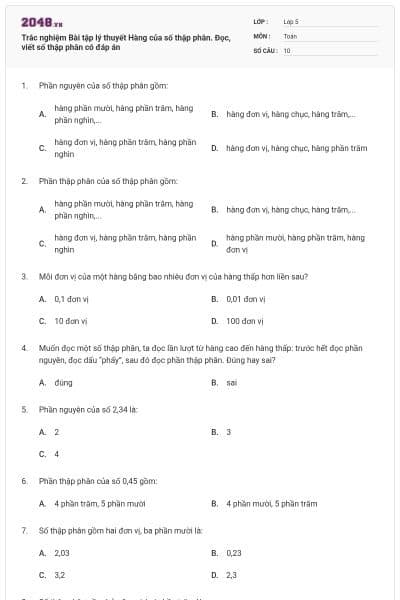 Trắc nghiệm Bài tập lý thuyết Hàng của số thập phân. Đọc, viết số thập phân có đáp án