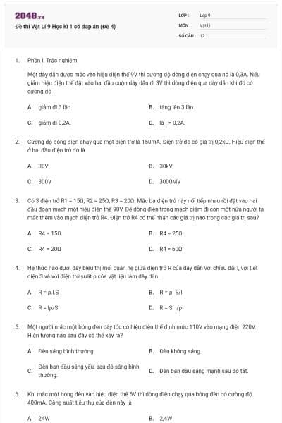 Đề thi Vật Lí 9 Học kì 1 có đáp án (Đề 4)