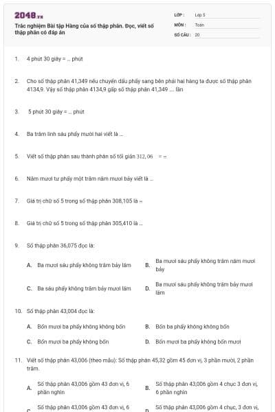Trắc nghiệm Bài tập Hàng của số thập phân. Đọc, viết số thập phân có đáp án