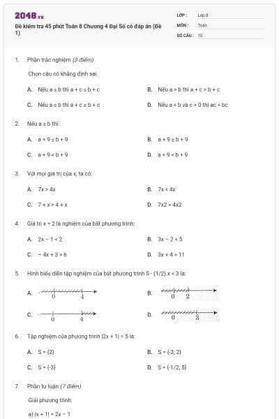 Đề kiểm tra 45 phút Toán 8 Chương 4 Đại Số có đáp án (Đề 1)
