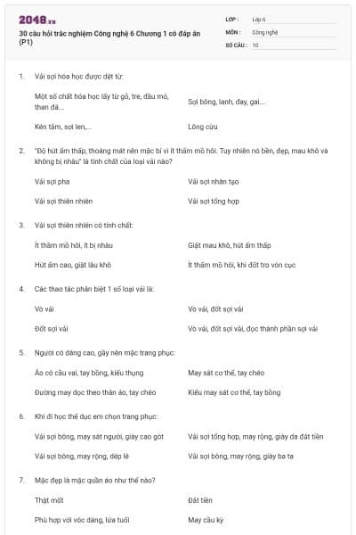30 câu hỏi trắc nghiệm Công nghệ 6 Chương 1 có đáp án (P1)