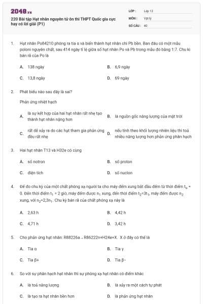 220 Bài tập Hạt nhân nguyên tử ôn thi THPT Quốc gia cực hay có lời giải (P1)