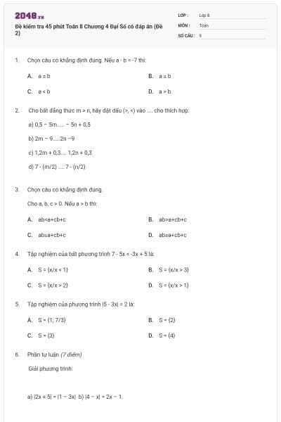 Đề kiểm tra 45 phút Toán 8 Chương 4 Đại Số có đáp án (Đề 2)