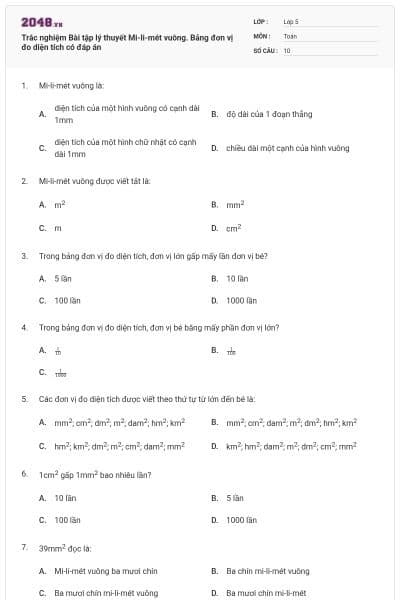 Trắc nghiệm Bài tập lý thuyết Mi-li-mét vuông. Bảng đơn vị đo diện tích có đáp án