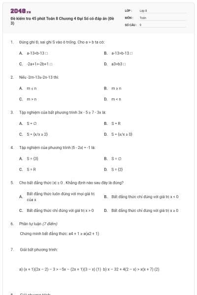 Đề kiểm tra 45 phút Toán 8 Chương 4 Đại Số có đáp án (Đề 3)