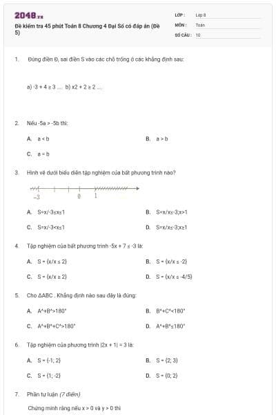 Đề kiểm tra 45 phút Toán 8 Chương 4 Đại Số có đáp án (Đề 5)
