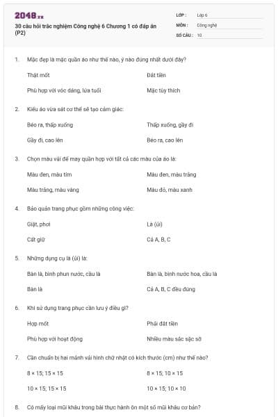 30 câu hỏi trắc nghiệm Công nghệ 6 Chương 1 có đáp án (P2)