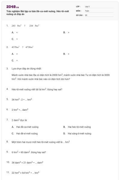 Trắc nghiệm Bài tập cơ bản Đề-ca-mét vuông. Héc-tô-mét vuông có đáp án