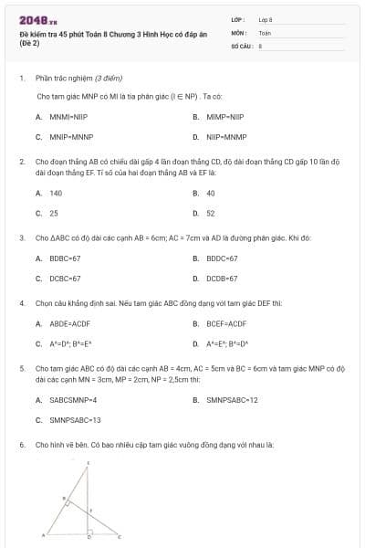 Đề kiểm tra 45 phút Toán 8 Chương 3 Hình Học có đáp án (Đề 2)