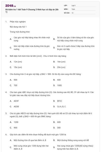 Đề kiểm tra 1 tiết Toán 9 Chương 3 Hình học có đáp án (Đề 1)