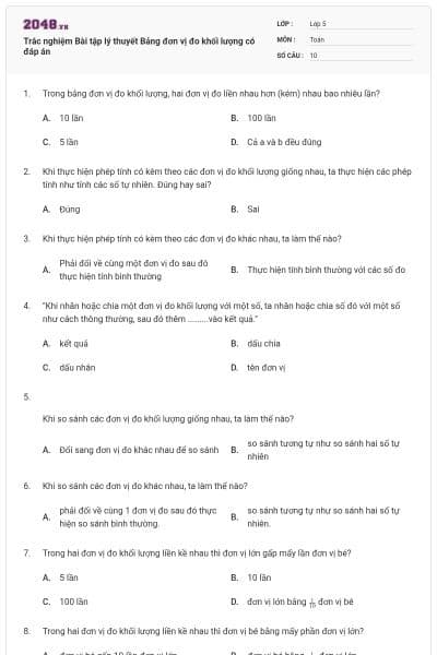 Trắc nghiệm Bài tập lý thuyết Bảng đơn vị đo khối lượng có đáp án