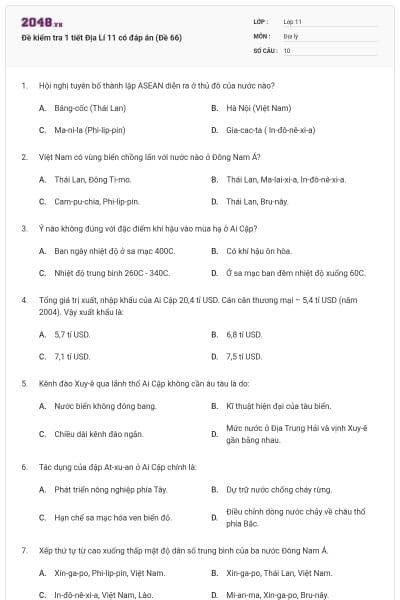 Đề kiểm tra 1 tiết Địa Lí 11 có đáp án (Đề 66)
