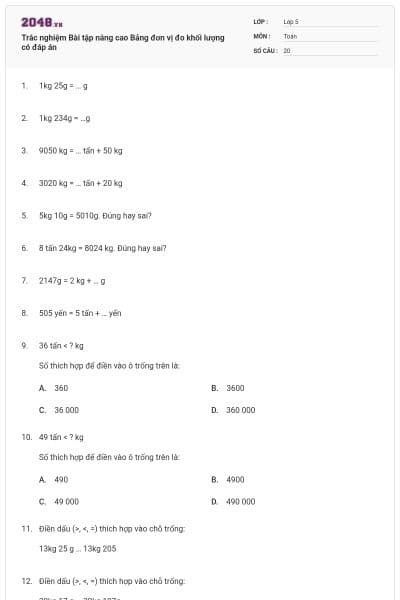 Trắc nghiệm Bài tập nâng cao Bảng đơn vị đo khối lượng có đáp án