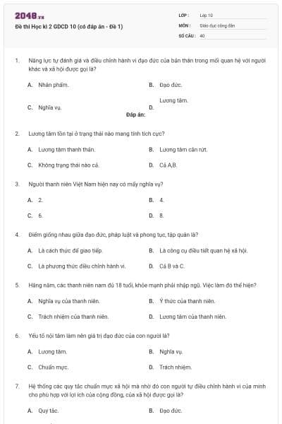 Đề thi Học kì 2 GDCD 10 (có đáp án - Đề 1)