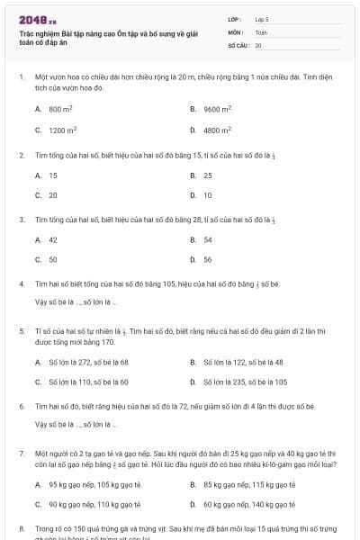 Trắc nghiệm Bài tập nâng cao Ôn tập và bổ sung về giải toán có đáp án