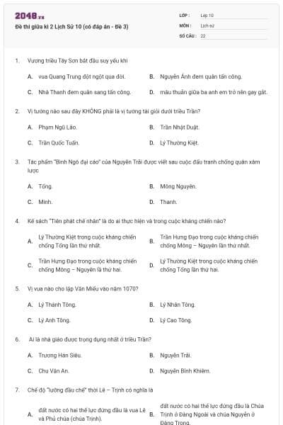 Đề thi giữa kì 2 Lịch Sử 10 (có đáp án - Đề 3)