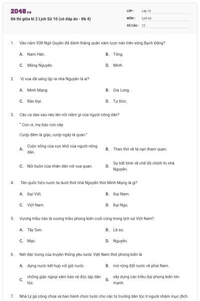 Đề thi giữa kì 2 Lịch Sử 10 (có đáp án - Đề 4)
