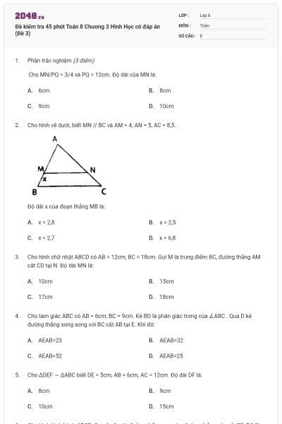 Đề kiểm tra 45 phút Toán 8 Chương 3 Hình Học có đáp án (Đề 3)