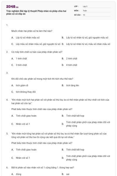 Trắc nghiệm Bài tập lý thuyết Phép nhân và phép chia hai phân số có đáp án