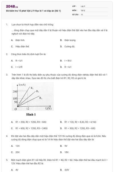 Đề kiểm tra 15 phút Vật Lí 9 Học kì 1 có đáp án (Đề 1)