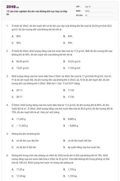 13 câu trắc nghiệm Độ ẩm của không khí cực hay có đáp án