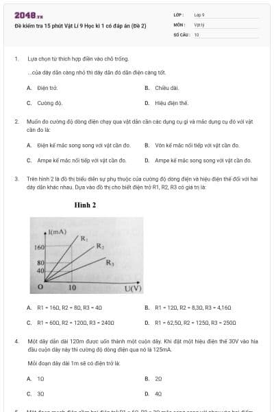 Đề kiểm tra 15 phút Vật Lí 9 Học kì 1 có đáp án (Đề 2)