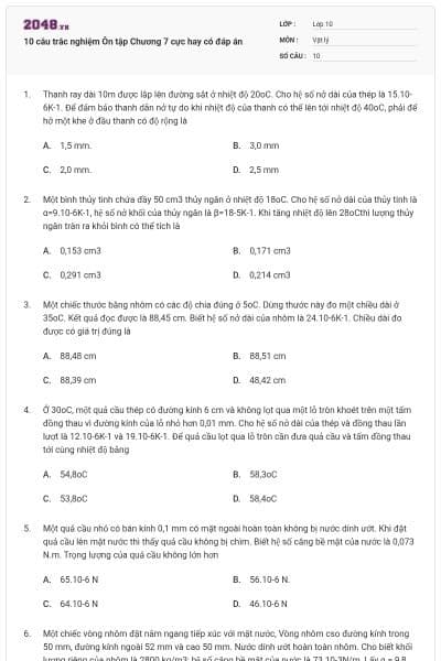 10 câu trắc nghiệm Ôn tập Chương 7 cực hay có đáp án
