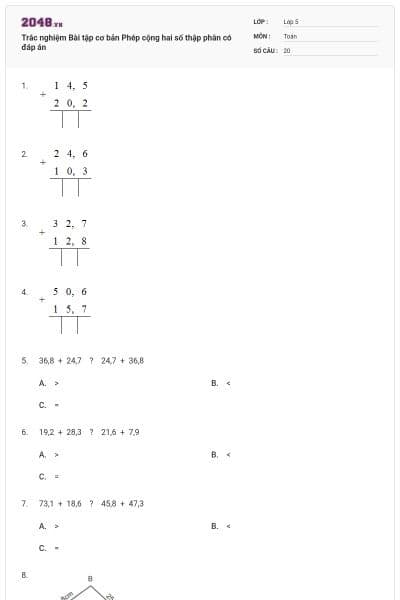 Trắc nghiệm Bài tập cơ bản Phép cộng hai số thập phân có đáp án