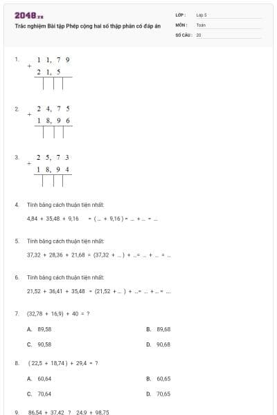 Trắc nghiệm Bài tập Phép cộng hai số thập phân có đáp án
