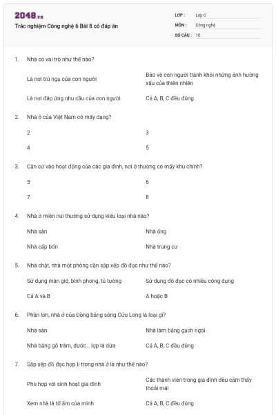 Trắc nghiệm Công nghệ 6 Bài 8 có đáp án